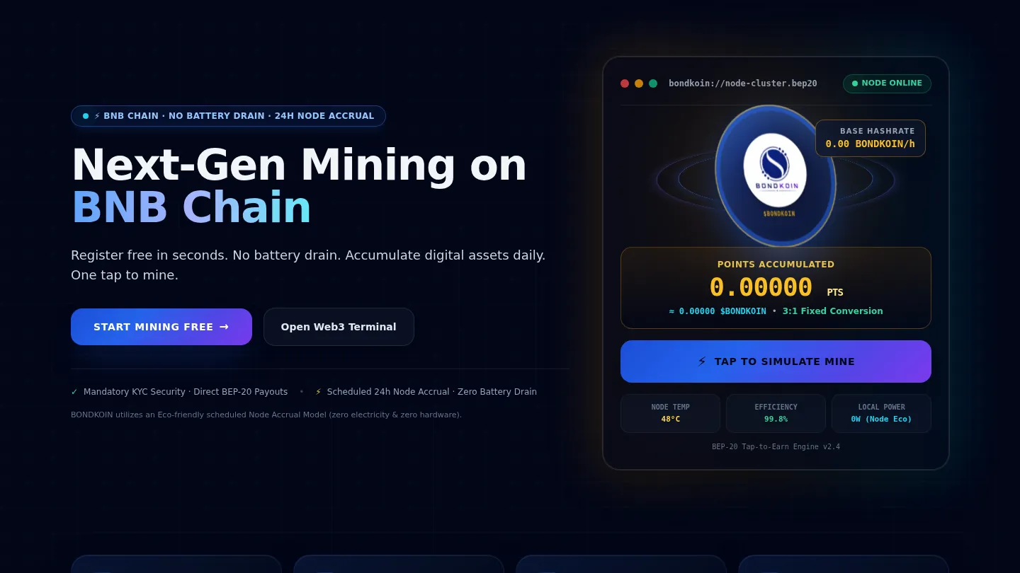 The Bondkoin Labs landing page: a dark reward console showing points accumulated and a tap button.