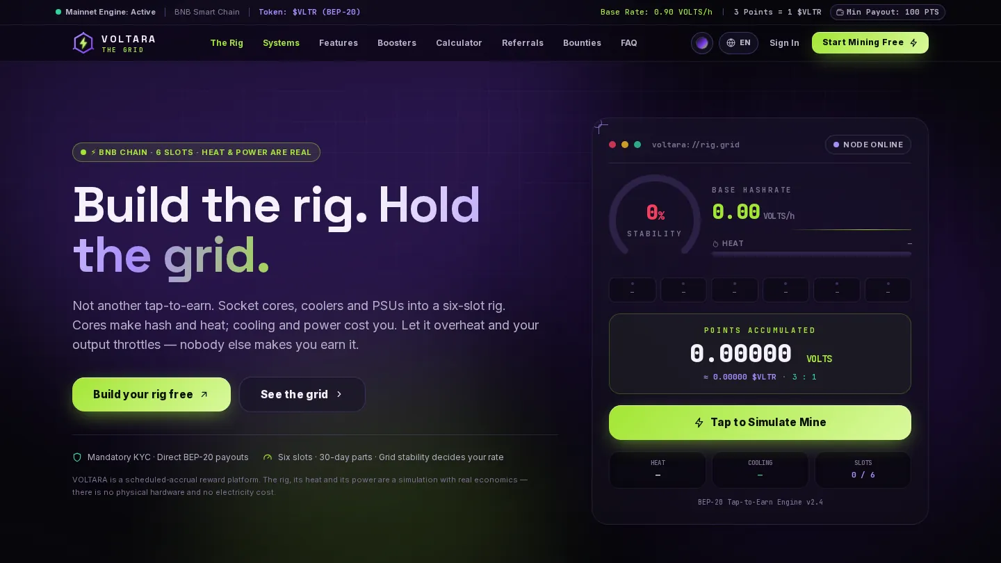 The Voltara landing page: “Build the rig. Hold the grid.”, beside a rig console with grid stability and six empty slots.