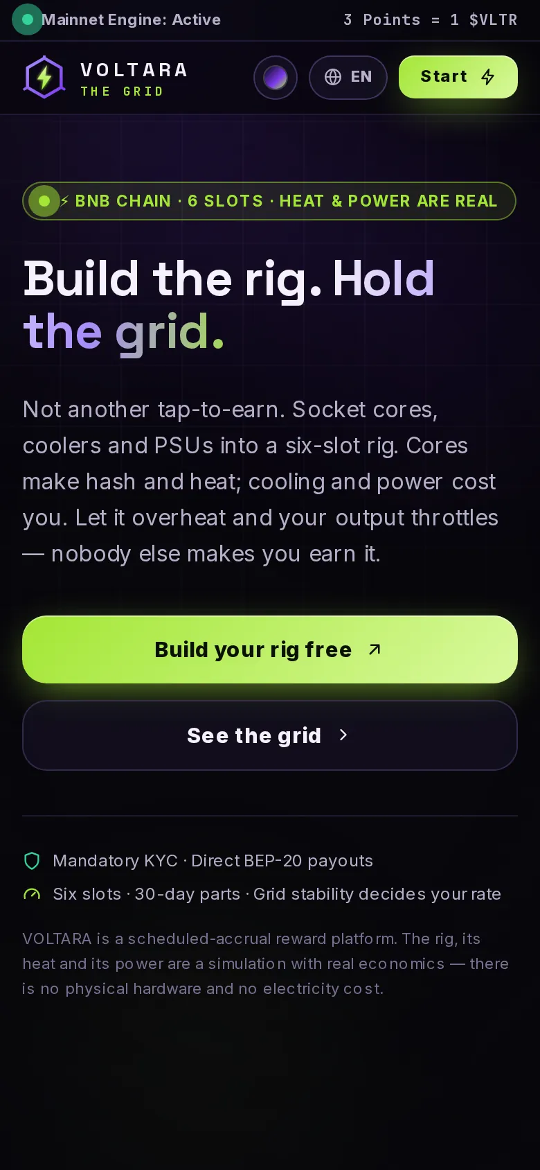 The Voltara landing page on a phone, with the headline, two buttons and the note that the rig is a simulation.